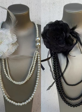Y2K古早氛围感多层仿珍珠蕾丝花长款项链亚文化羽毛丝带层次颈链