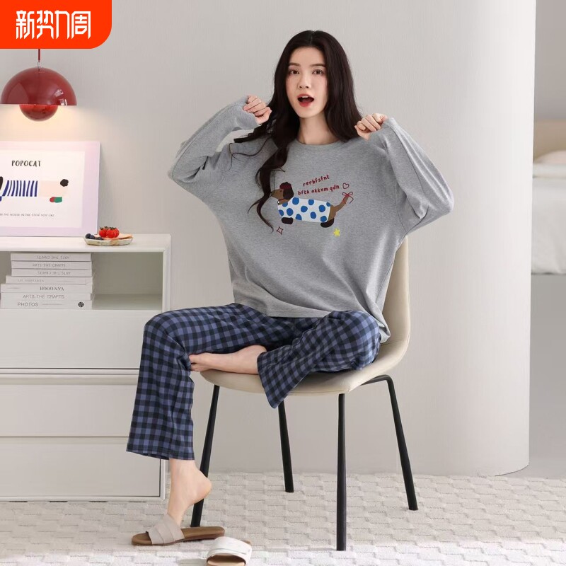 纯棉睡衣女春秋季长袖格子套装学生卡通全棉带胸垫外穿宽松家居服