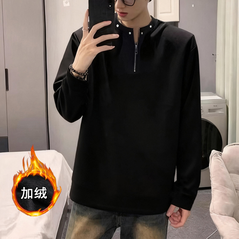 半拉链垫肩卫衣秋冬加绒美式高街长袖T恤男宽松休闲痞帅上衣潮流