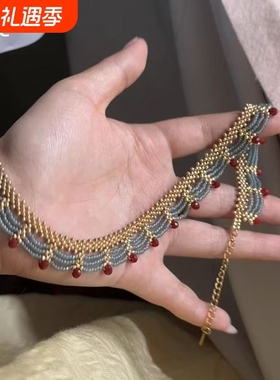 多层气质新中式撞色串珠项链夏天精致蕾丝红蓝民族风高级感锁骨链