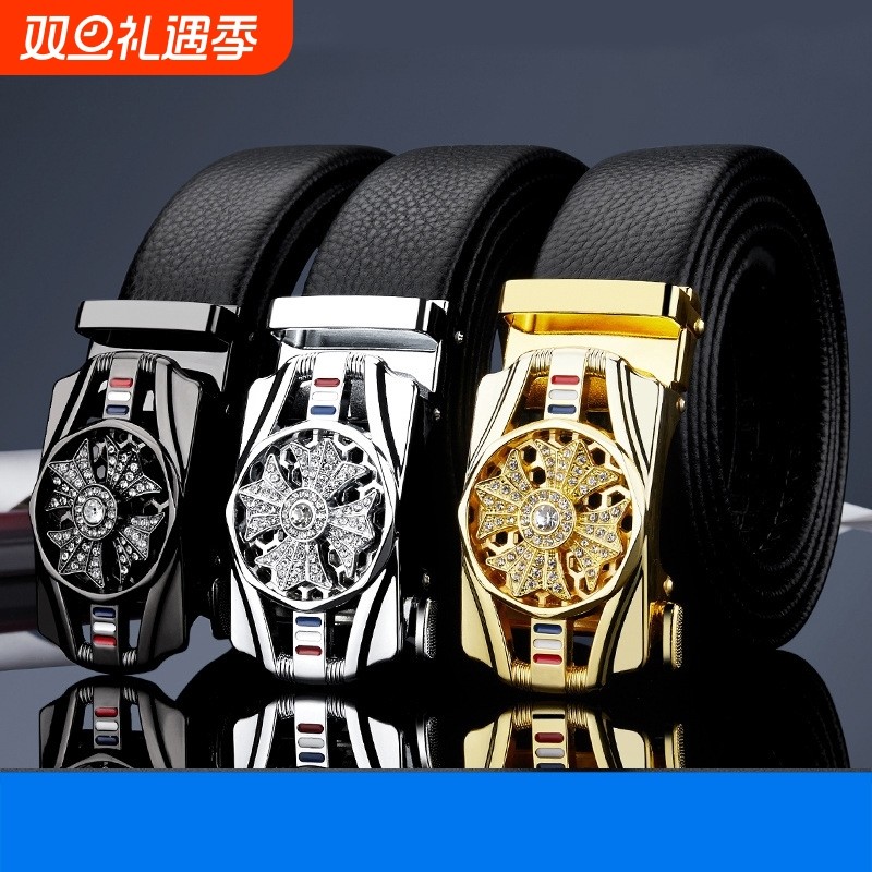 2025豹款男士自动扣皮带时来运转新款真皮头层纯牛皮腰带休闲裤带