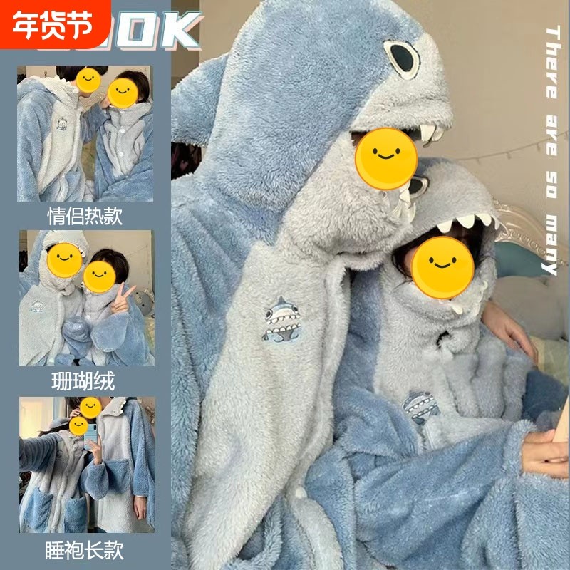 珊瑚绒睡衣女款2025新款秋冬季加厚长男士情侣鲨鱼睡袍睡裙家居服