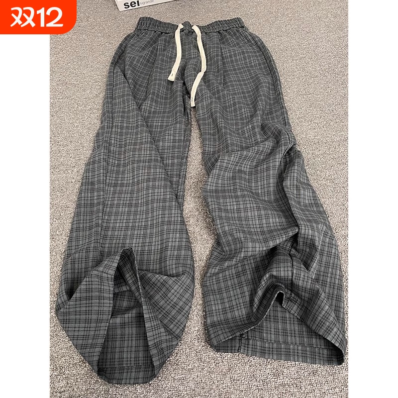 cleanfit灰色格子裤男夏季薄款松弛感运动裤子美式休闲阔腿直筒裤