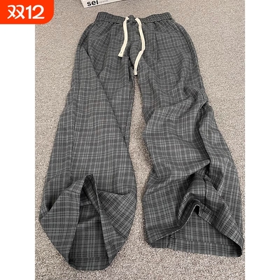cleanfit灰色格子裤男夏季薄款松弛感运动裤子美式休闲阔腿直筒裤