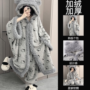 斗篷睡袍珊瑚绒睡衣女款2025新款冬加厚男秋冬季家居服连体可外穿