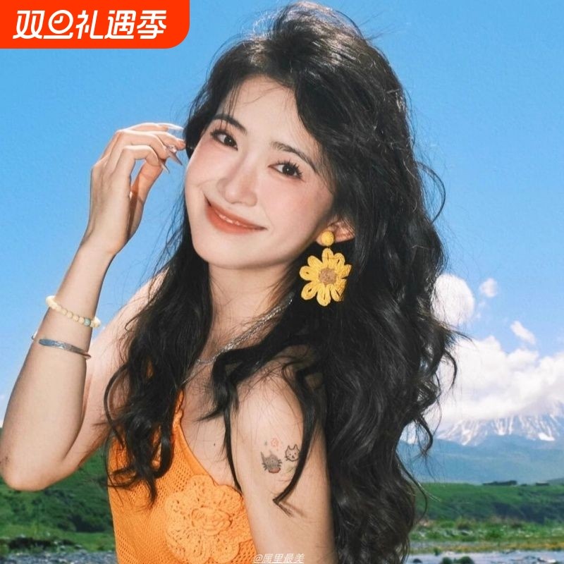 花朵度假风甜美手工编织太阳海边耳环2025夏季新款黄色夸张耳饰女