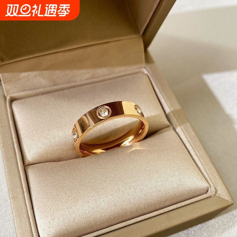 【洗手免摘】钛钢镶钻戒指女轻奢时尚食指戒玫瑰金情侣对戒指环男