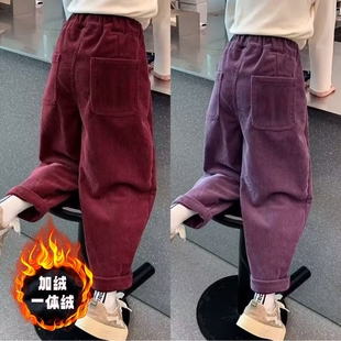 女童加绒裤子秋冬款2026秋装儿童秋冬灯芯绒童装冬季红色紫色流行