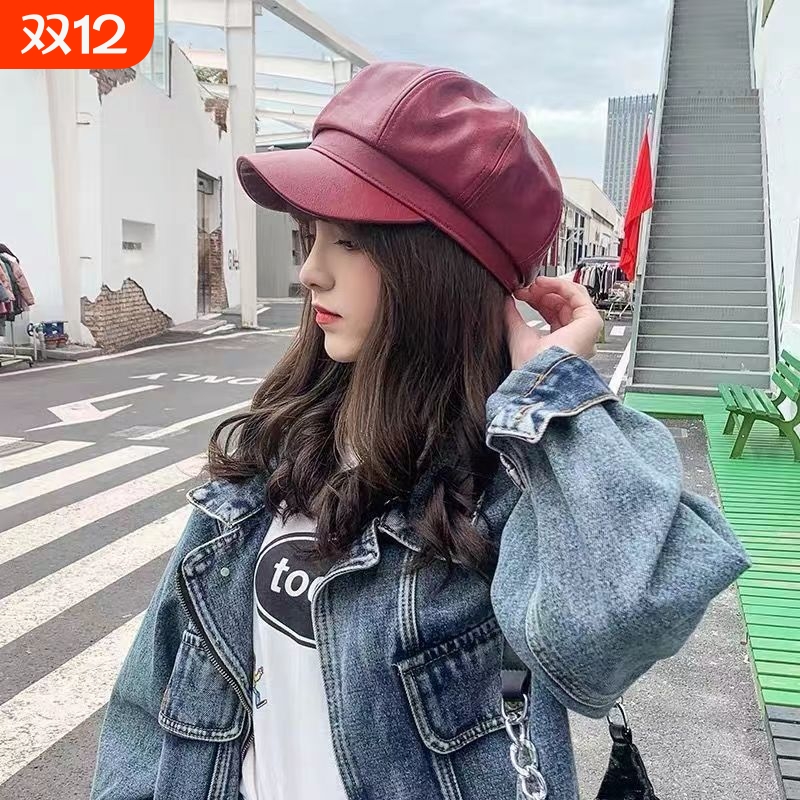 网红贝雷帽女秋冬新款黑色复古pu皮质大头围八角帽画家帽保暖防风