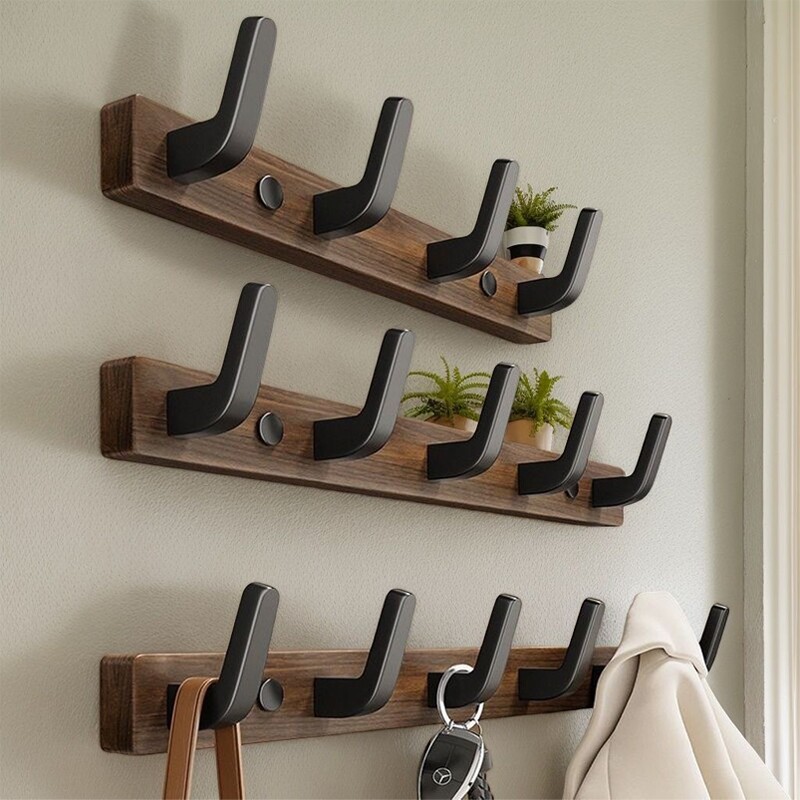 门后挂钩黑胡桃木挂衣架墙上壁挂免打孔强力玄关钥匙收纳入户衣钩