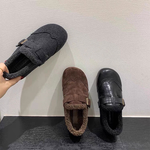 厚底软底加绒勃肯鞋毛毛鞋女秋冬新款保暖棉鞋雪地鞋单鞋灰色毛绒