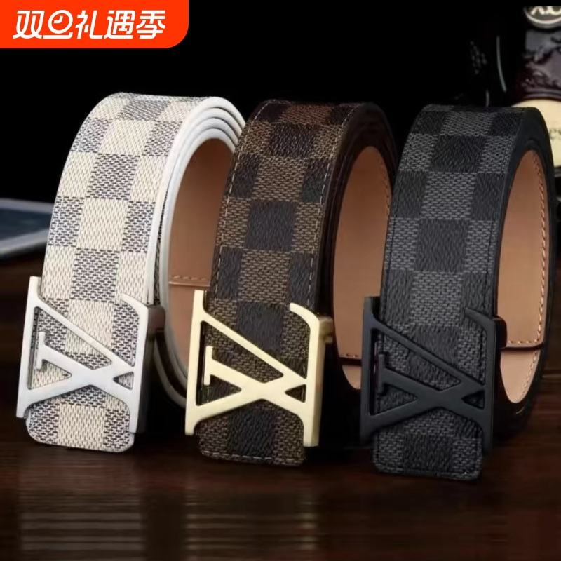 皮带男士真皮印花格纹新款平滑内扣年轻人名牌腰带奢侈品裤带男潮