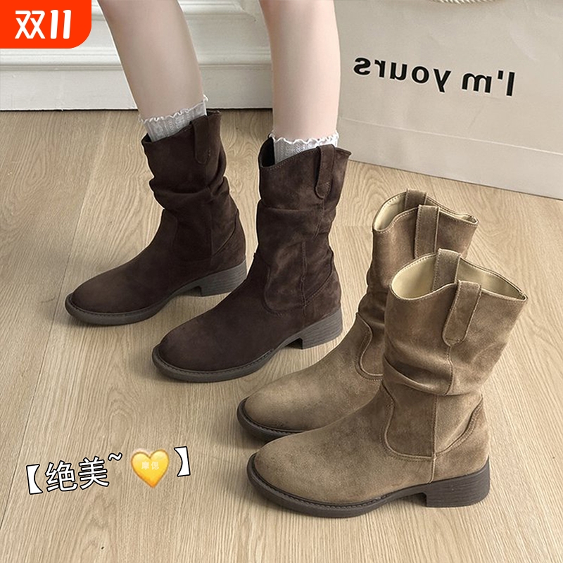 西部牛仔复古短靴子女2025新款夏秋季美拉德草原中筒堆堆靴马丁靴
