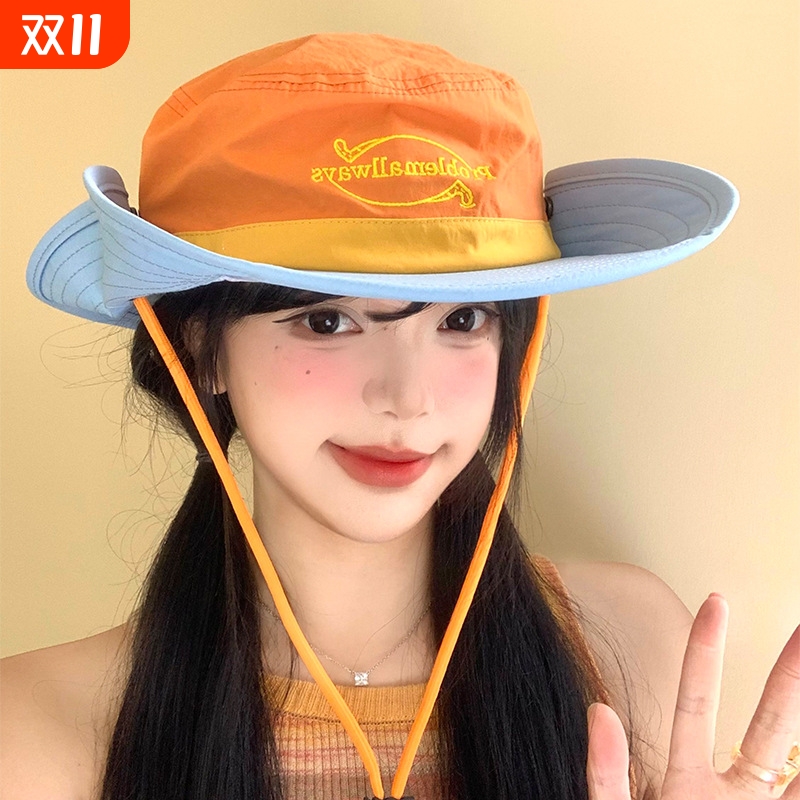 字母刺绣撞色登山帽子女夏户外徒步抽绳西部牛仔防晒帽大檐渔夫帽