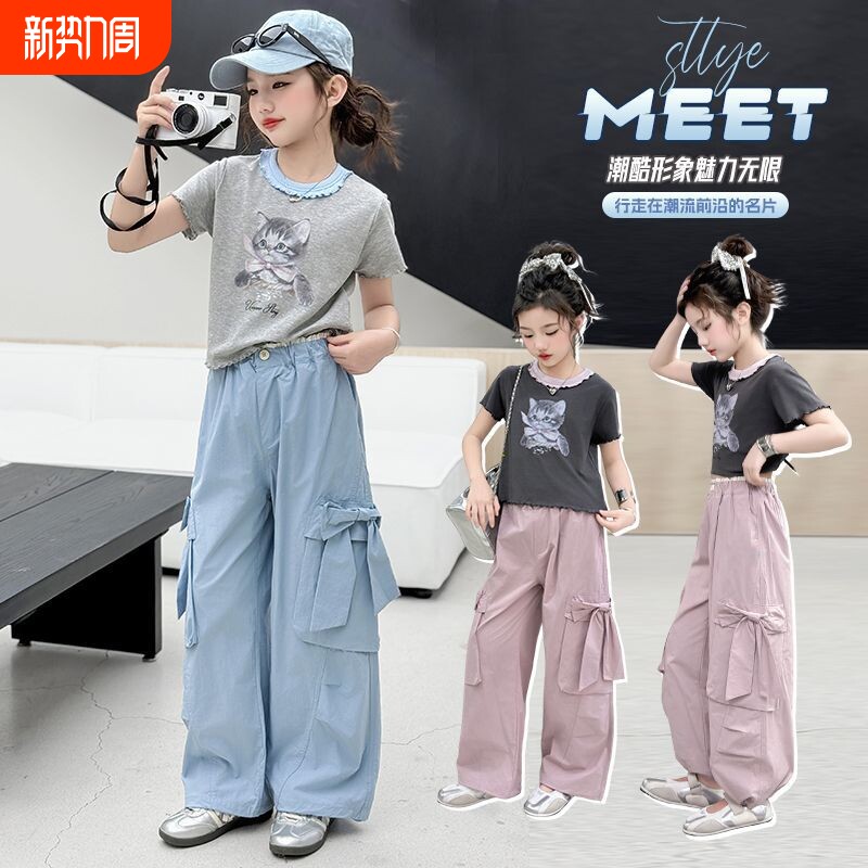女童夏装裤子2026新款时髦工装裤儿童薄款女孩蝴蝶结直筒休闲长裤