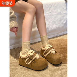 贾不假勃肯鞋女款2025冬季加绒保暖棉鞋厚底毛绒鞋子内增高毛毛鞋