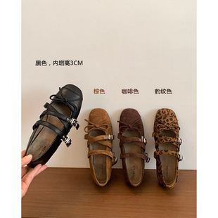 女秋季 芭蕾舞鞋 款 玛丽珍女鞋 小众设计法式 内增高复古圆头豹纹单鞋