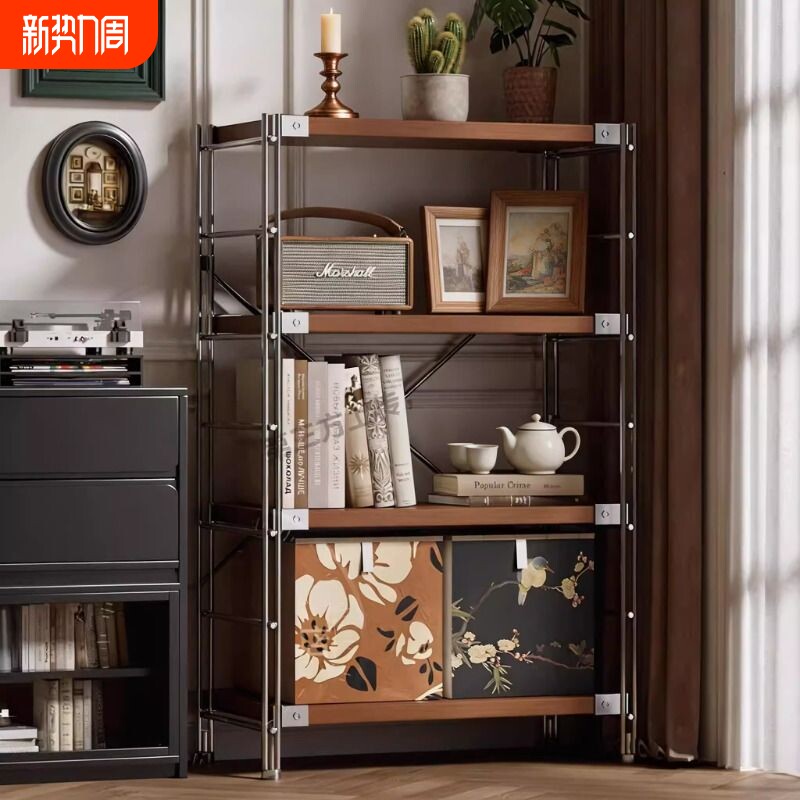 日式置物架落地客厅中古多层收纳架光轴书架厨房储物架展示货架子