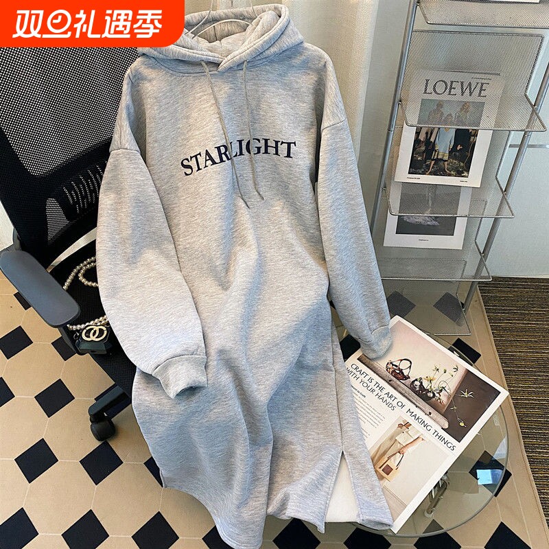 孕妇秋冬装连帽纯棉卫衣长款连衣裙韩版宽松加绒辣妈时尚连衣裙