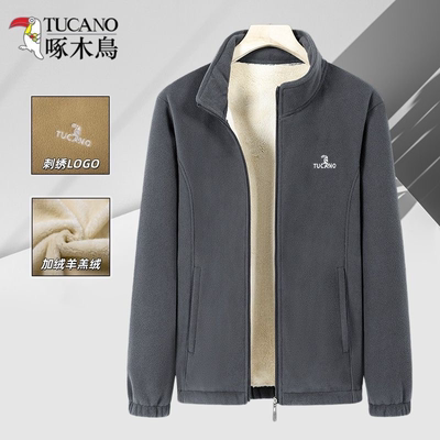 啄木鸟秋冬新款休闲摇粒绒外套刺绣立领男士加厚加绒运动夹克绒衣
