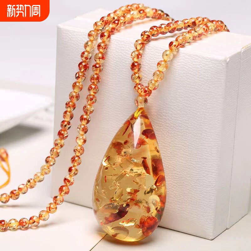 金珀利花珀水滴吊坠毛衣链仿蜜蜡花琥珀项链二代琥珀毛衣链坠手镯