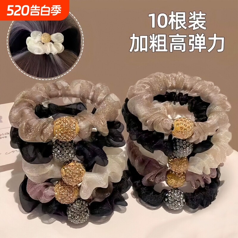 洋气头绳发圈网红头绳扎头发新款发绳欧根纱水钻头绳网纱褶皱发饰
