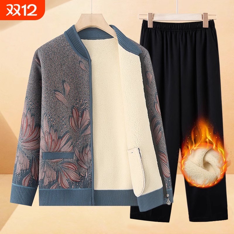 中年妈妈秋冬加绒保暖针织衫外套