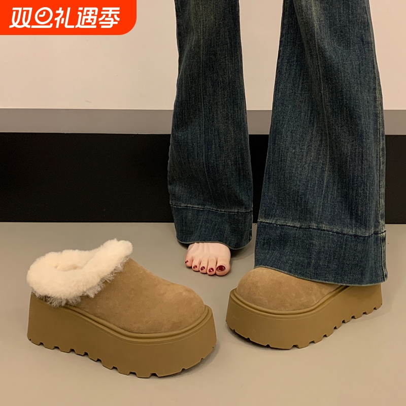 厚底加绒毛毛勃肯鞋女包头半拖外穿2025秋冬新款小个子雪地棉拖鞋