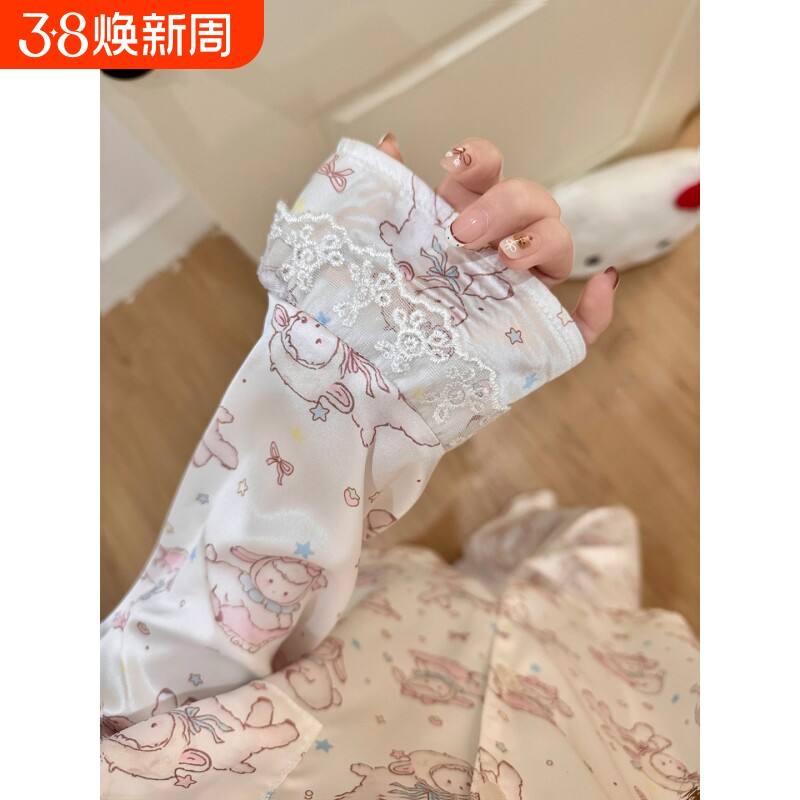 冰丝睡衣女春夏季蕾丝边长袖2026新款卡通丝绸可爱少女薄款家居服