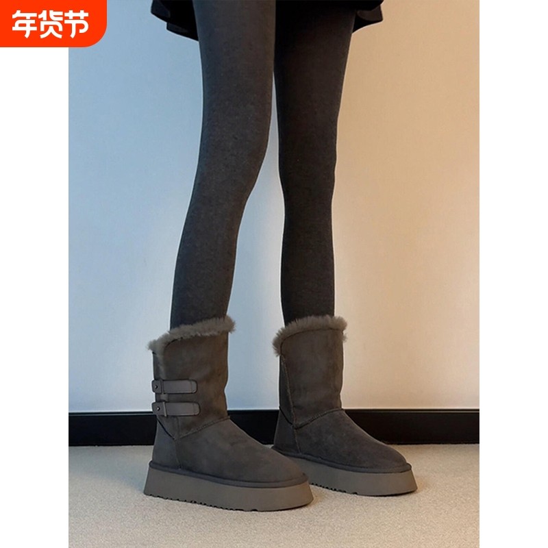 牛皮版~真皮厚底皮带扣皮毛一体雪地靴女加绒保暖毛毛鞋短靴棉靴,女鞋,时尚雪地靴,淘宝优惠券,粉丝福利购,淘宝优惠卷