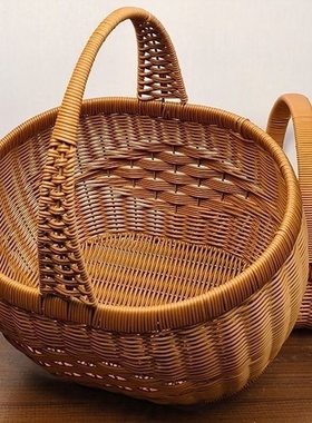 野餐仿藤编织水果篮购物篮鸡蛋手提菜篮子圆形纯手工手编买菜带盖