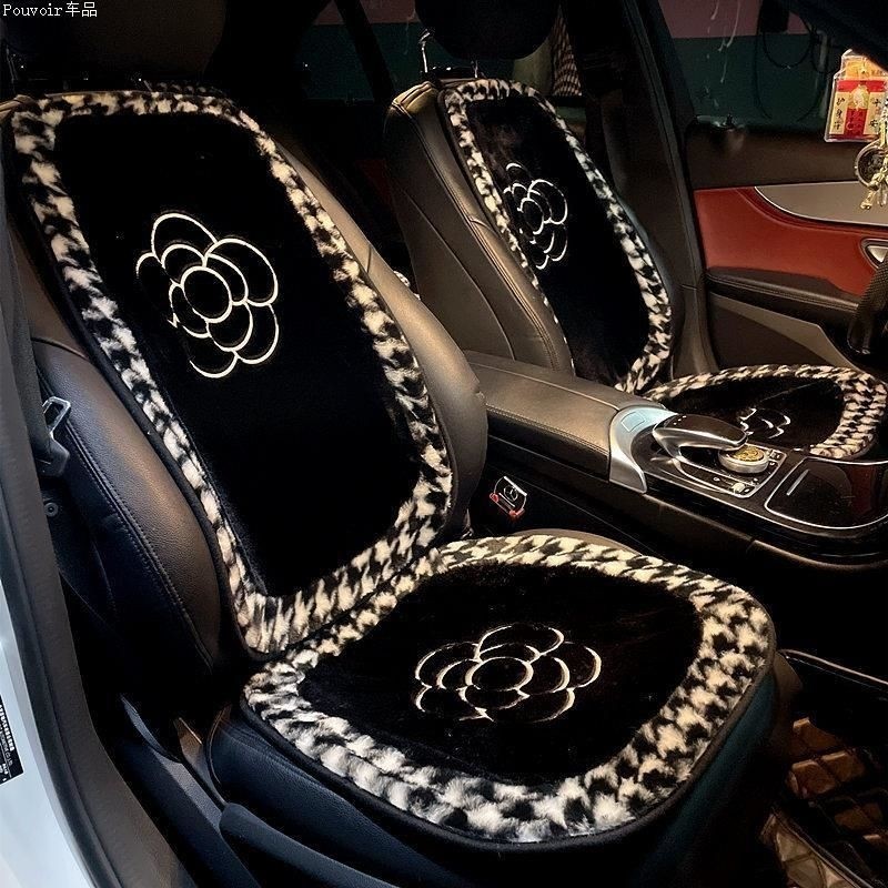 汽车坐垫秋冬季毛绒山茶花座椅加绒加热四季通用女士保暖车内座垫