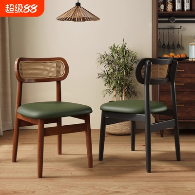 法式复古实木餐椅家用靠背椅子中古风餐桌椅藤编吧台久坐餐厅家居