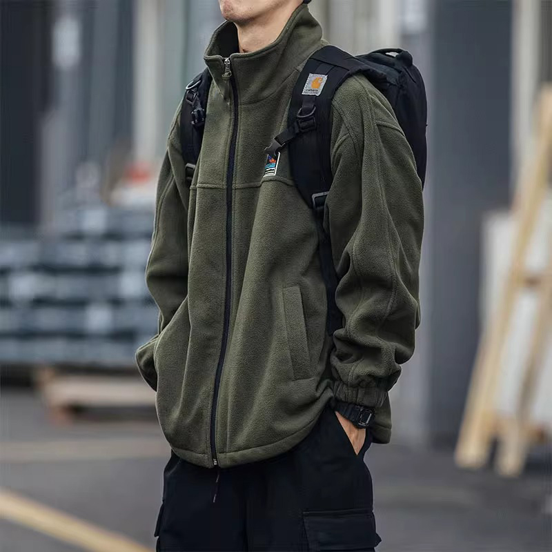 日系复古摇粒绒开衫卫衣男立领宽松拉链外套春秋街头休闲运动夹克