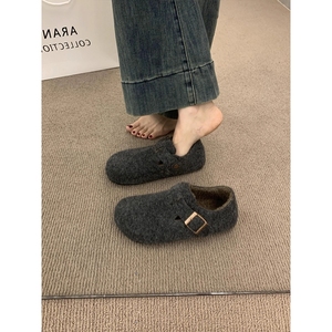 复古毛毡加绒勃肯鞋女2025秋冬新款加绒一脚蹬保暖棉鞋毛呢乐福鞋