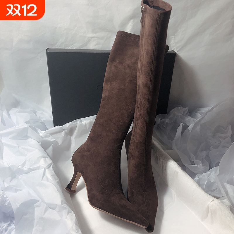 森屿海巷 韩版简约长靴不过膝弹力靴磨砂瘦瘦靴侧拉链尖头高跟靴