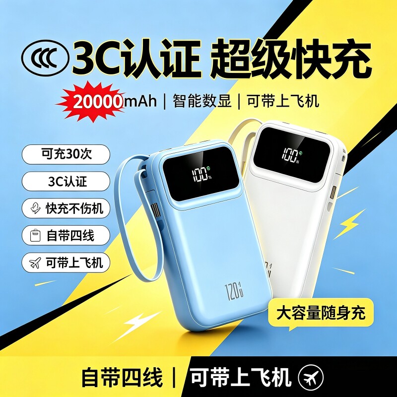充电宝20000毫安3C认证可上飞机大容量超级快充新款超薄小巧便携自带线费尔班正品适用手机通用移动电源闪充