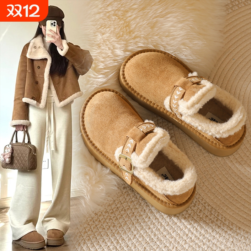 厚底加绒勃肯鞋女鞋子2025新款冬季乐福鞋保暖雪地靴女一脚蹬棉鞋
