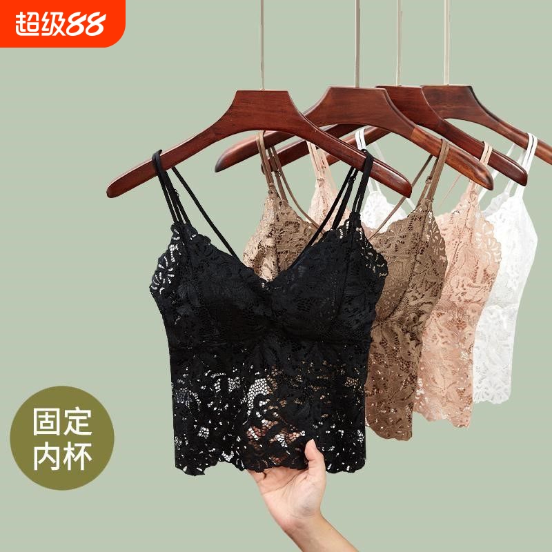 蕾丝美背小吊带背心内搭免文胸一体蕾丝上衣打底衫外穿抹胸带胸垫