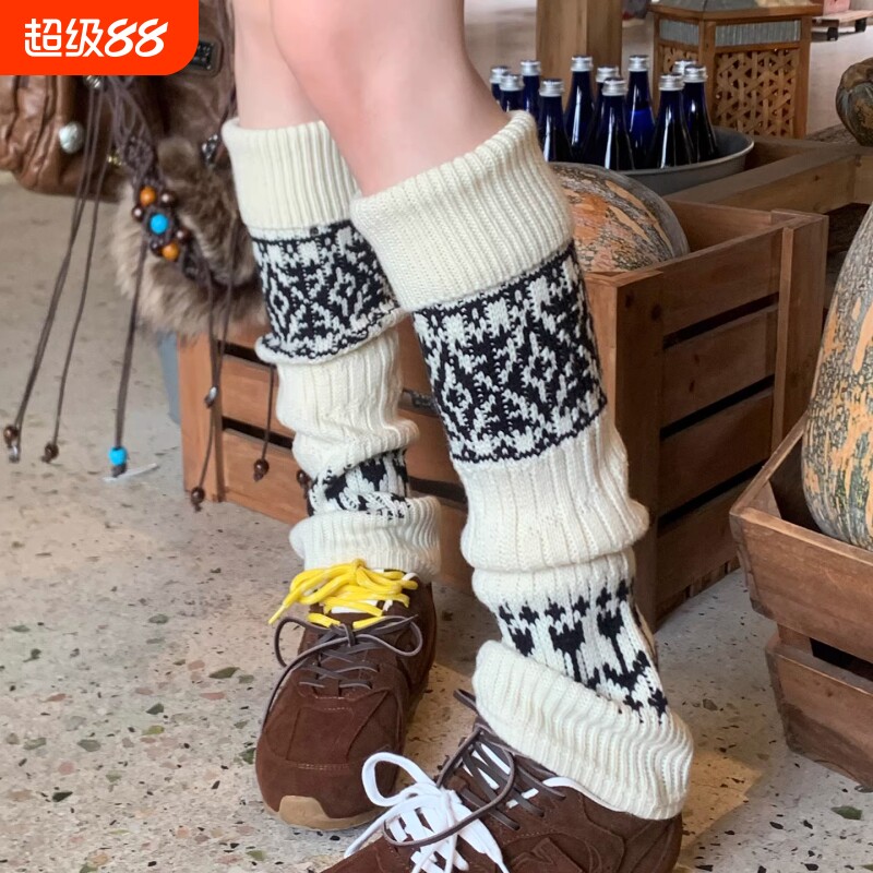 复古费尔岛风中筒袜女秋冬加厚保暖显瘦羊毛堆堆袜套百搭配雪地靴