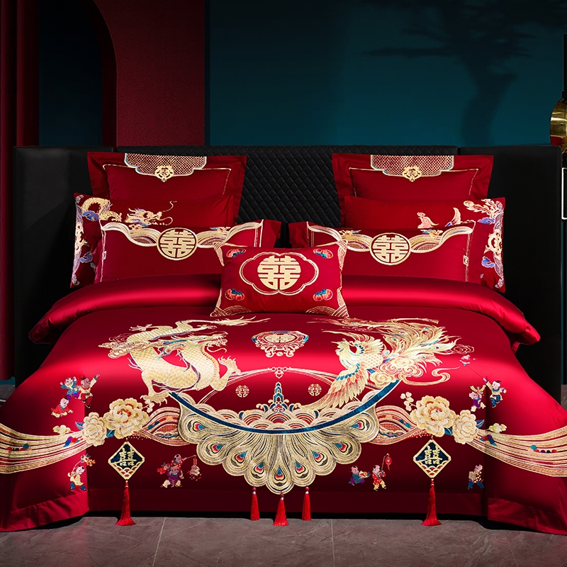 高端婚庆四件套60支全棉婚庆结婚龙凤床品纯棉婚嫁婚床新婚大红