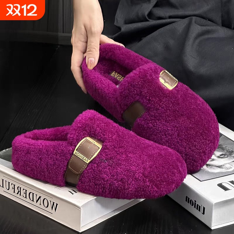 羊羔绒毛毛拖鞋女包头半拖鞋丑萌鞋秋冬加绒保暖加棉毛绒黑色白色