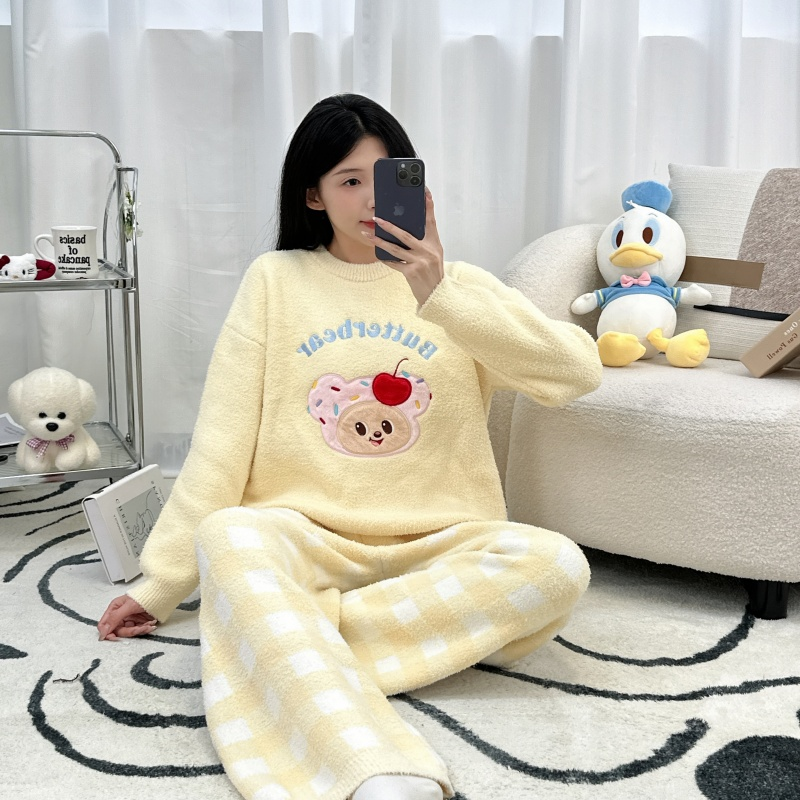 黄油小熊冬季加厚睡衣女款卡通学生秋冬半边绒加绒加厚家居服外穿