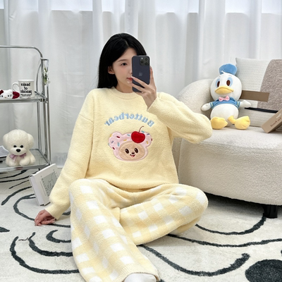 黄油小熊冬季加厚睡衣女款卡通学生秋冬半边绒加绒加厚家居服外穿