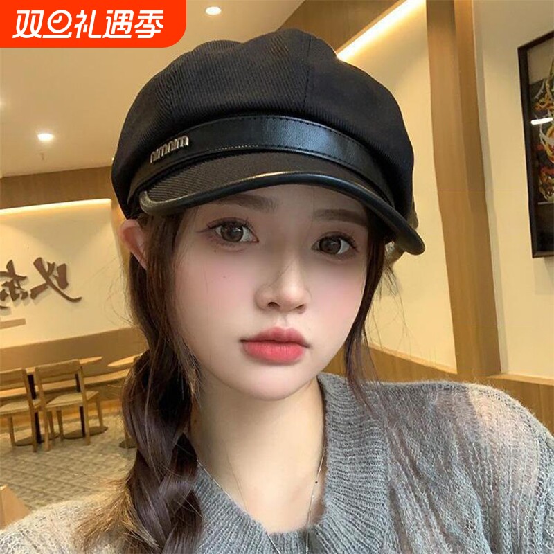 八角贝雷帽子女秋冬新款大头围显脸小鸭舌帽网红英伦风复古报童帽