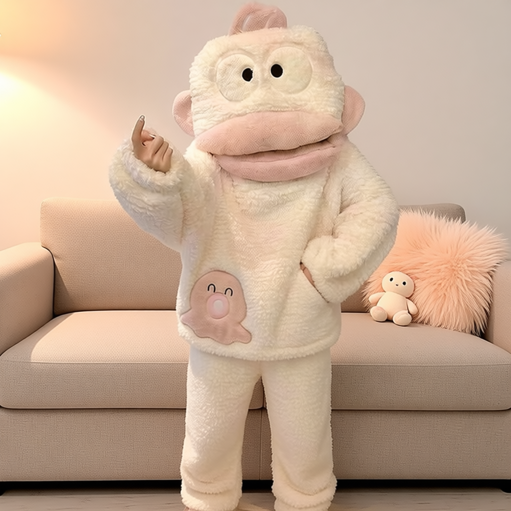 软绵绵白色丑鱼睡衣套装秋冬珊瑚绒可爱连帽加厚保暖家居服可外穿