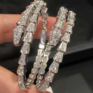 蛇形手镯女镀银18K玫瑰金满钻蛇骨蛇头简约开口手环镶钻款 多圈
