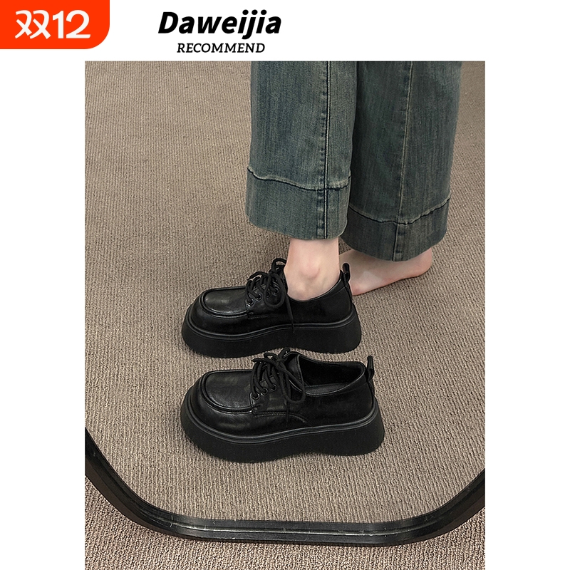 英伦风大头小皮鞋女2025秋季新款黑色系带乐福鞋复古百搭厚底单鞋