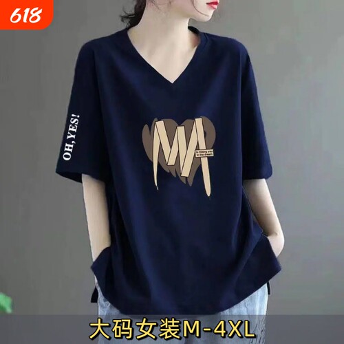 清仓~大牌春夏短袖V领t恤显瘦印花时尚大码上衣1白色韩版蓝色纯棉