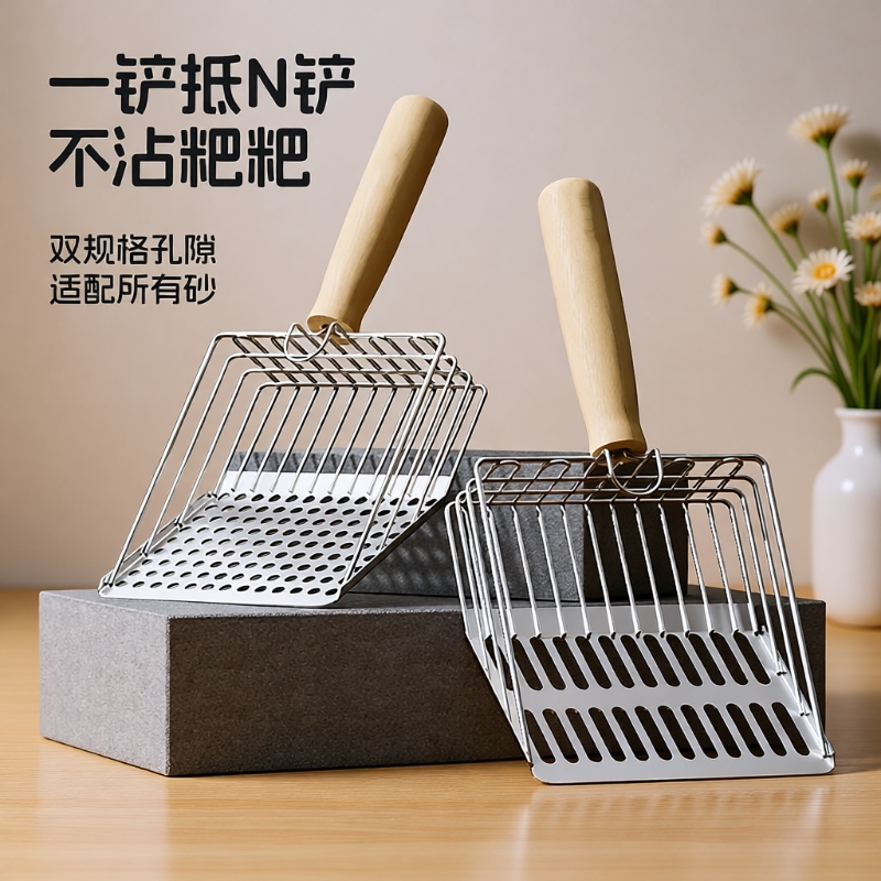 第七代猫砂铲子细孔非不锈钢二合一矿砂猫屎铲豆腐猫砂钞铲屎金属